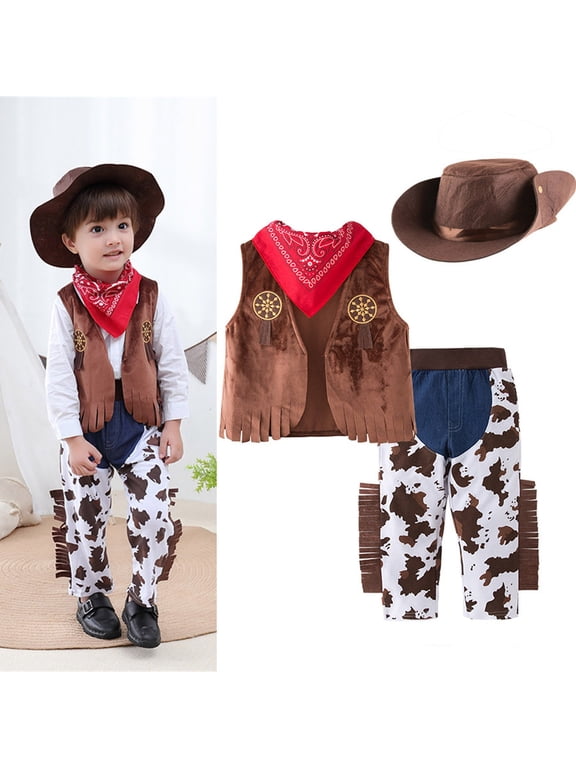 Boys Summer Outfits Size 9-10Y V Neck Sleeveless Western Vest with Pants Scarf Hat Kids Cowboy 4 Piece Set Boys Clothes