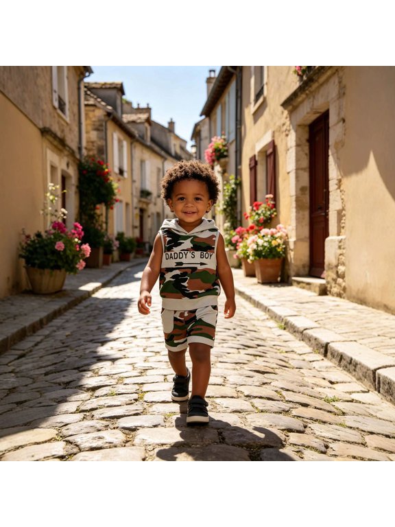 Boys Summer Outfits Size 9-12M Crew Sleeveless Camo Hooded Vest Top with Shorts Set Toddler Boy Clothes