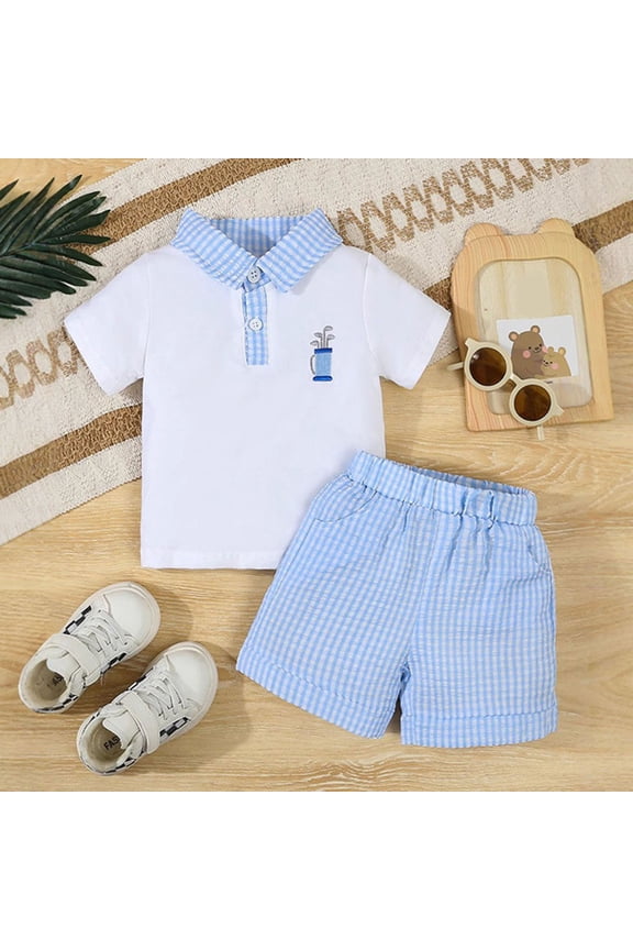 Boys Summer Outfits Solid Tone Delicate Embroidered Polo Collar Short Sleeve Two Piece Kids Stretch Summer Outdoor Active Outfit Set