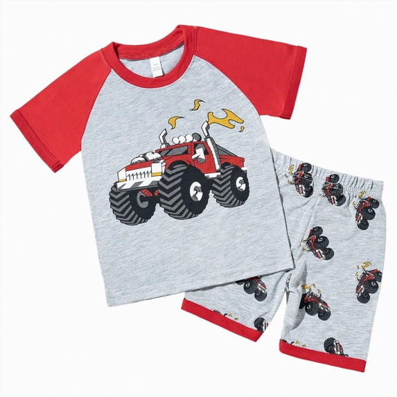Boys Summer Outfits Tractor Print Short Sleeve T-Shirt And Shorts 2-Piece Casual Kids Suit