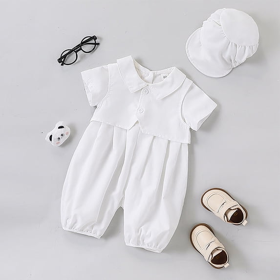 Boys Summer Romper Set Long Sleeve Jumpsuit with Hat Casual White Outfit Soft Breathable Everyday Wear Baptism Christening