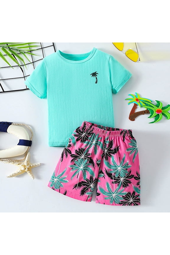Boys Summer Sets 2 Piece Coconut Print Short Sleeve Shirt and Shorts Beach Holiday Relaxed Fit Clothing Set Green Size 7-8 Y