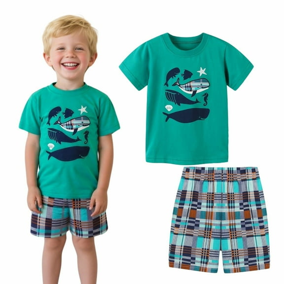 HILEELANG Toddler Boys Crewneck Green Short Sleeve Tee Shirt and Check Shorts Set, 2T