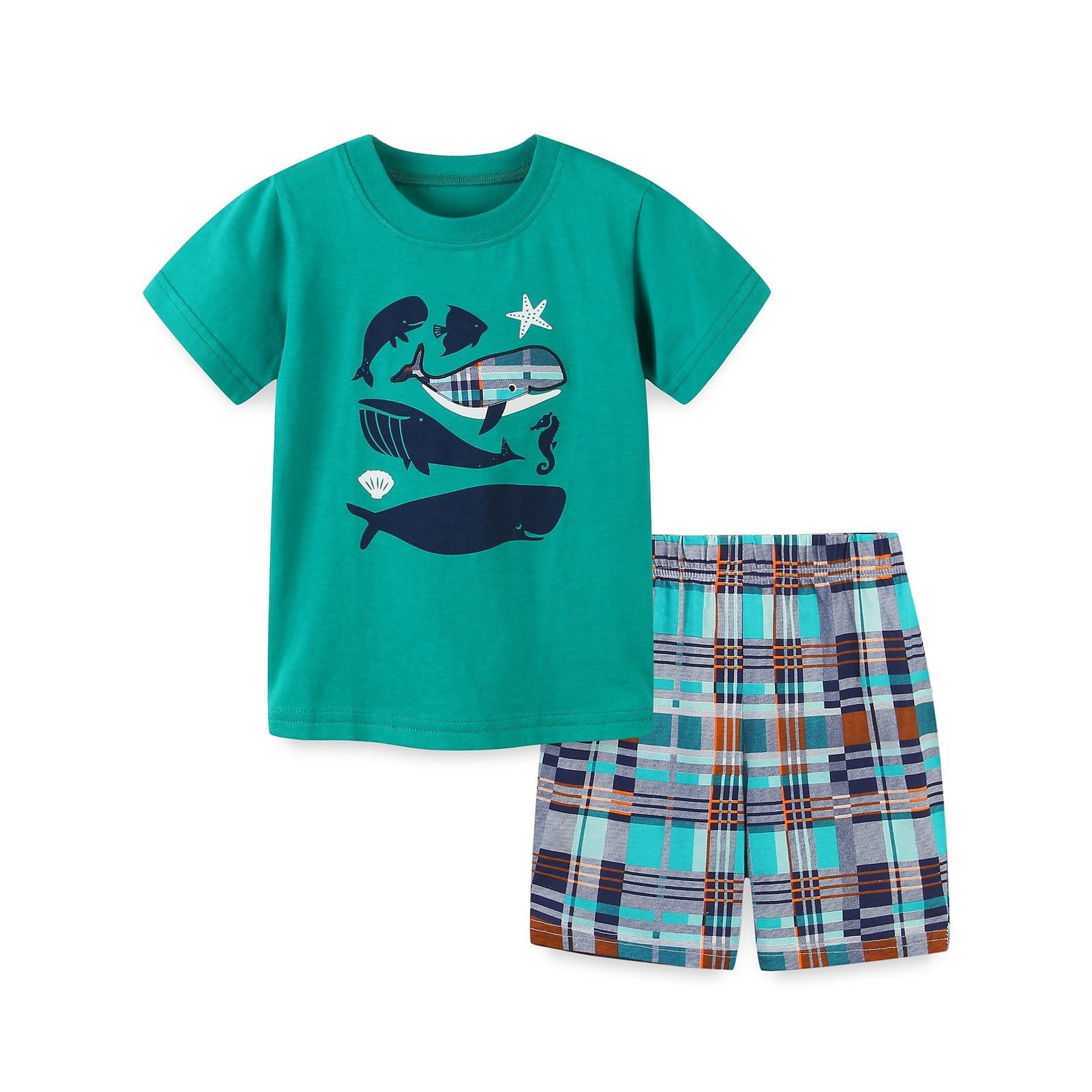 Boys Summer Cotton T-Shirt & Check Shorts Set – Black Bear Print Outfit