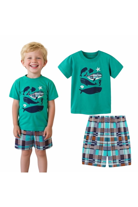 Toddler Boys Crewneck Green Short Sleeve Tee Shirt and Check Shorts Set, 5T