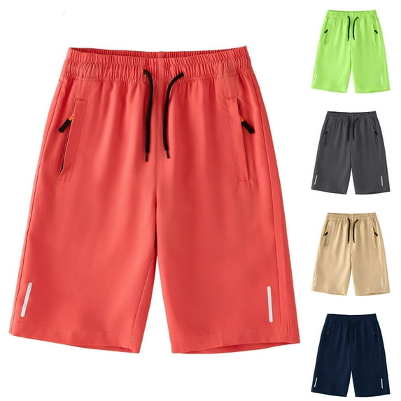 Boys Summer Shorts Drawstring Elastic Waist Solid Color Summer Casual Loose Sporty Pants Zipper Pockets (14-15Years, Red)