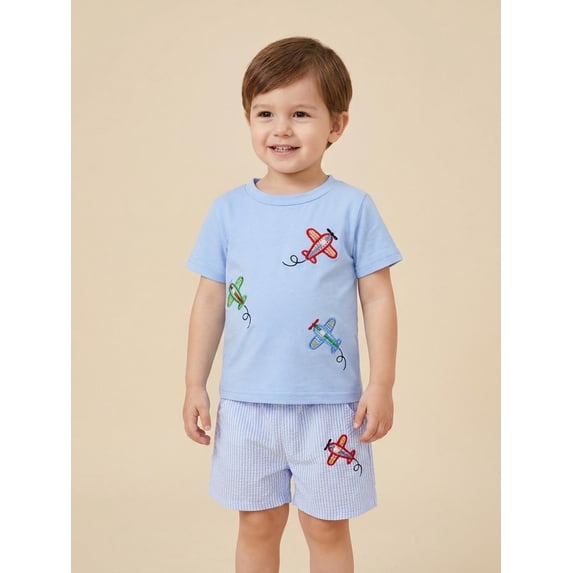 Boys Summer Shorts Sets Short Sleeve O Neck Airplane Embroidered Tops and Striped Drawstring Shorts