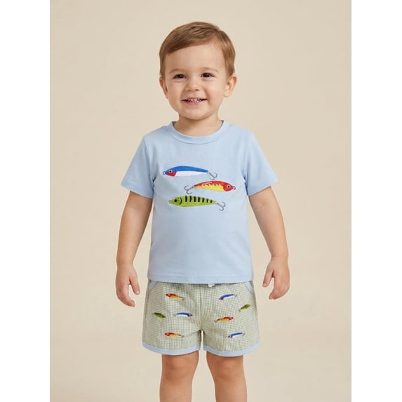 Boys Summer Shorts Sets Short Sleeve O Neck Fish Embroidery Tops and Plaid Drawstring Shorts