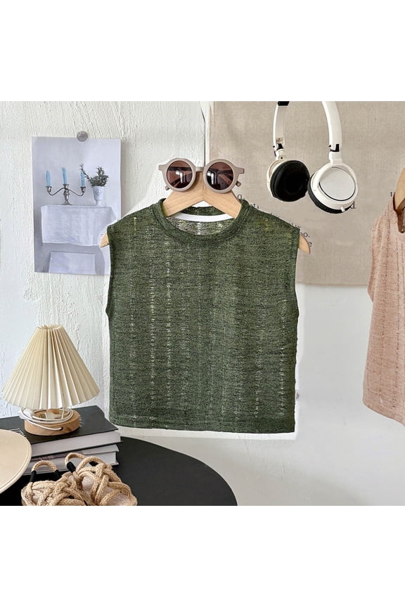 Boys' Summer Solid-colored Round-neck Sleeveless Hollow-out Cool Top Casual T-shirt