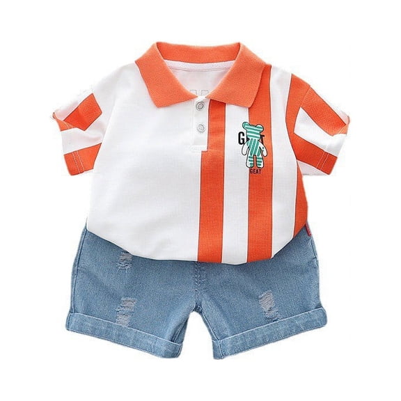 Boys' Summer Suit New Western Style Children's Half Edge Vertical Pattern Little Bear Short Sleeve Clothing Boys' Summer Children's Clothing