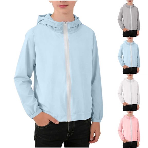 Boys Summer Sun Protection Jacket Outdoor SPF 50  Long Sleeve Zip Up Hooded Coats Kids Casual Athletic Loose Fit Outwear