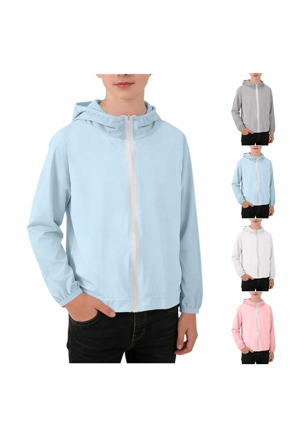 Boys Summer Sun Protection Jacket Outdoor SPF 50+ Long Sleeve Zip Up Hooded Coats Kids Casual Athletic Loose Fit Outwear