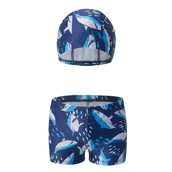 Boys Summer Swim Trunks with Swimming Cap Elastic Waist Quick Dry Boxer Shorts Stretchy Bathing Suits Swimwear Navy, 6 Years