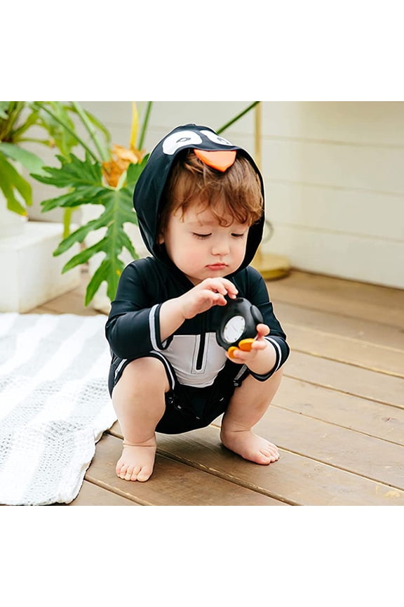 Boys Summer Swimwear Long Sleeve Cartoon Penguin Print Beach Swimsuit Rash Guard
