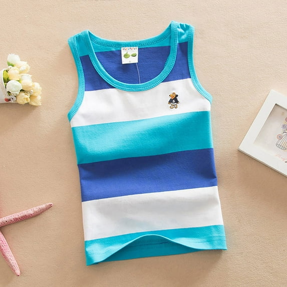 Boys Summer Tank Tops Rainbow Striped Sleeveless Shirt Comfortable Stretchy Wear For Kids Casual Boys Tops Sky Blue 24