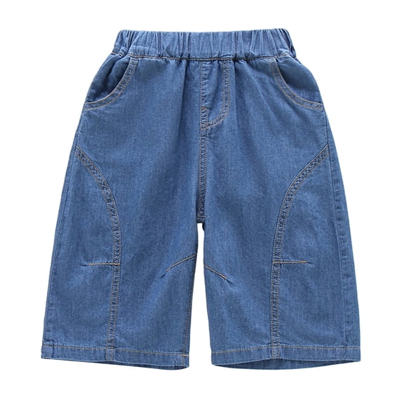 Boys Summer Thin Pure‑Cotton Denim Shorts, Elastic Waist Loose‑Fit Knee‑Length Casual Shorts, 2 Wash Colors Kids Play Trousers 3‑12 Years Old