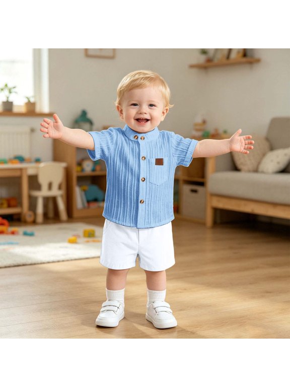 Boys Summer Vertical Short Sleeve Shirt and Shorts Two Piece Casual Outfit for Toddler Kids Winter Baby Clothes Boy Suspenders and Bow Tie Outfit 3 Boys Boys 6 Months Winter Outfits Baby Boy