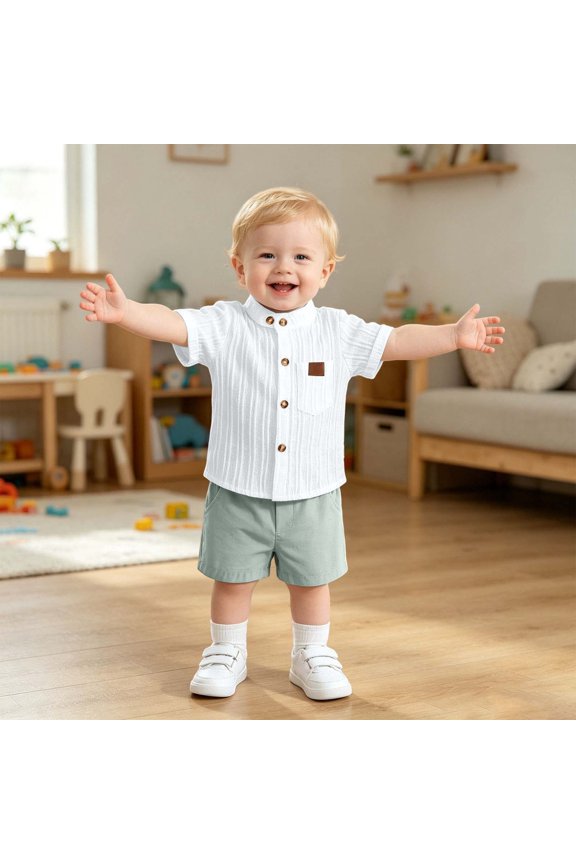 Boys Summer Vertical Short Sleeve Shirt and Shorts Two Piece Casual Outfit for Toddler Kids Winter Baby Clothes Boy Suspenders and Bow Tie Outfit 3 Boys Boys 6 Months Winter Outfits Baby Boy