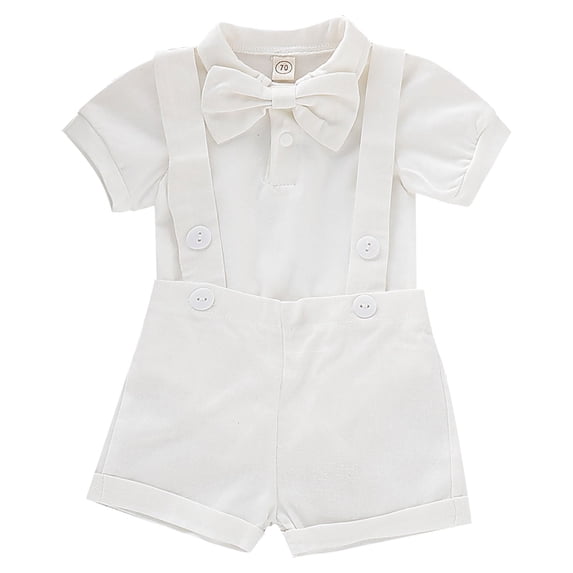 Boys Summer White Neck Short Sleeve Romper Solid Necktie Strap Shorts Set Party Birthday School Boys 2 Piece Set