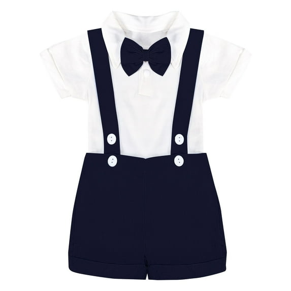 Boys Summer White Neck Short Sleeve Romper Solid Necktie Strap Shorts Set Party Birthday School Boys 2 Piece Set