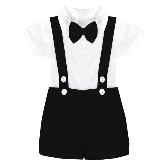 Boys Summer White Neck Short Sleeve Romper Solid Necktie Strap Shorts Set Party Birthday School Boys 2 Piece Set