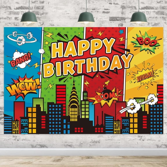 Boys Superhero Comic Birthday Backdrop, 70.8"43.3" Large City Skyline Happy Birthday Photo Background Banner for Kids Themed Party Decorations