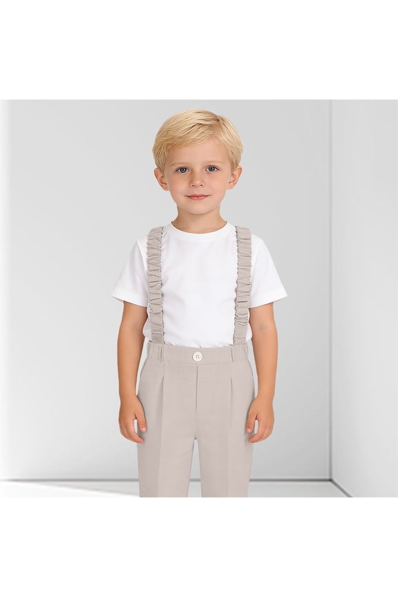 Boys Suspenders Suit Pants, Solid Color Straight Leg Dress Pants with Elastic Straps, Kids Formal Trousers for School, Wedding and Special Occasions Beige 150