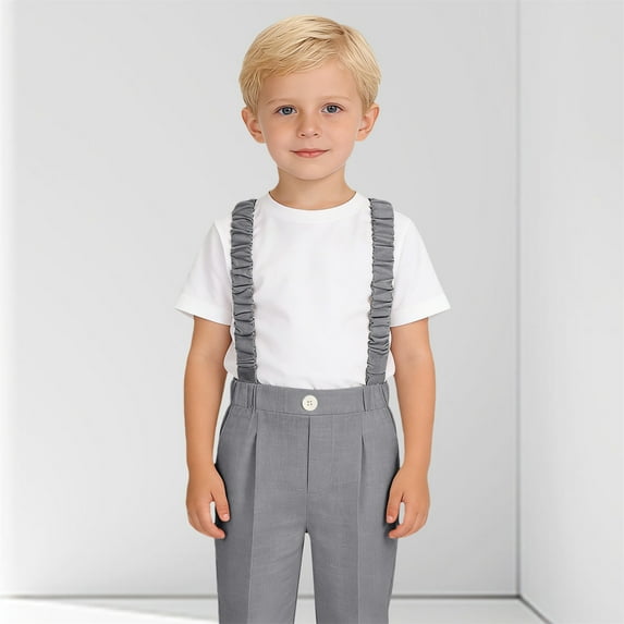 Boys Suspenders Suit Pants, Solid Color Straight Leg Dress Pants with Elastic Straps, Kids Formal Trousers for School, Wedding and Special Occasions Grey 140