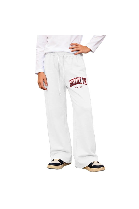 Boys Sweatpants Baggy brooklyn Letter Printed Wide Leg Sweat Pants Teen with Pockets Mid Rise Toddler Active Pant Drawstring White 11 Y-12 Y