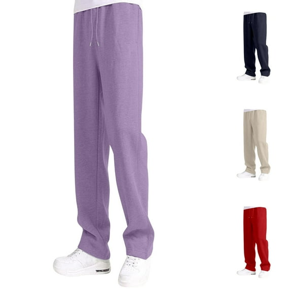 Boys Sweatpants Elastic Waist Drawstring Loose Fit Wide Leg Casual Pants with Pockets Solid Color Comfortable Sports Kids Trousers Purple Sizes 15-16 Y