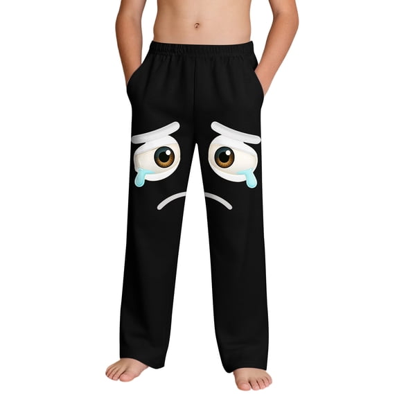 Boys Sweatpants Lounge Pants Funny Sad Face Print with Pockets Polyester Spandex 4-14 Years Black Comfort Pajama Bottoms,Size 4 T