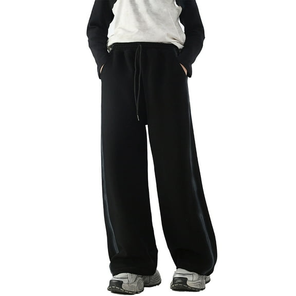 Boys Sweatpants,Stylish Girls Wide Leg Sweatpants High Elastic Waist Drawstring Casual Straight Jogger Pants With Functional Pocket,Boys Pants,Black,10-11 Years