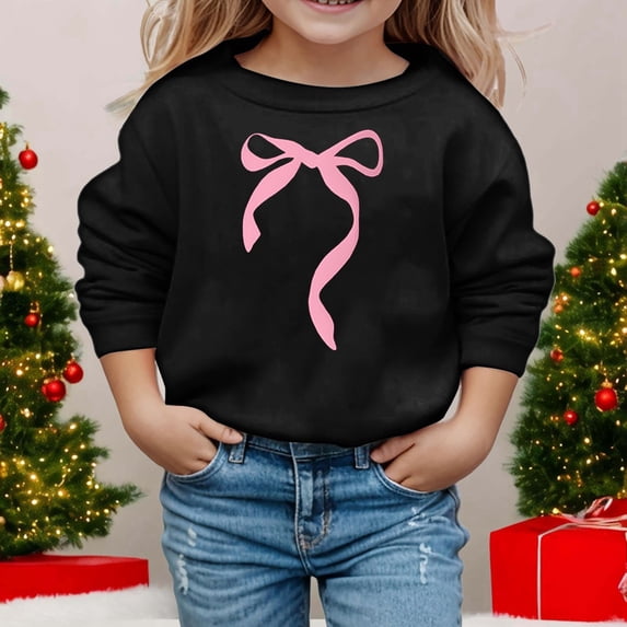 Boys Sweatshirts Boys Girls Bow Print Crew Neck Long Sleeve Pullover Hoodless Top Black 5-6 Years