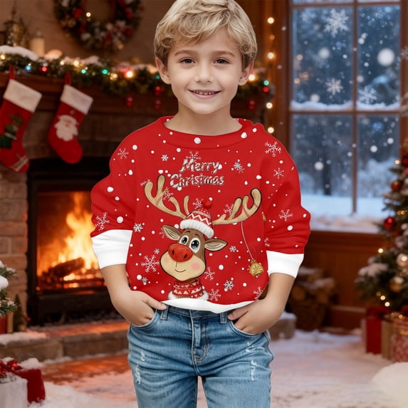 Boys Sweatshirts Boys Girls Christmas Reindeer Crew Neck Long Sleeve Hoodless Sweatshirt Red 5-6 Years