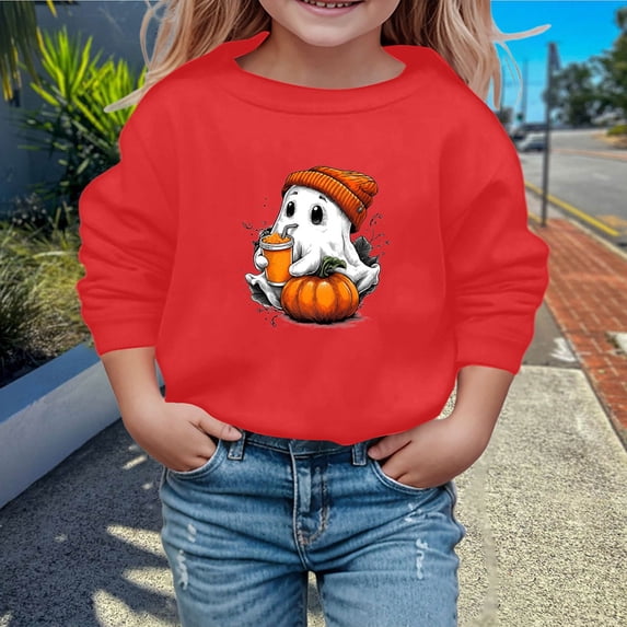 Boys Sweatshirts Boys Girls Halloween Crew Neck Sweatshirt Long Sleeve Casual Hoodless Top Red 5-6 Years