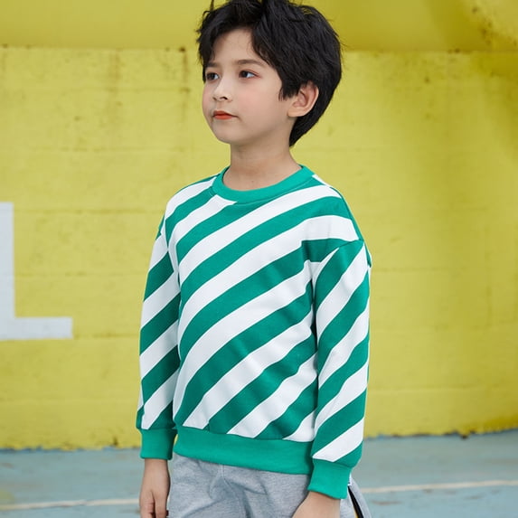 Boys Sweatshirts Boys Striped Crew Neck Sweatshirt Long Sleeve Casual Pullover Hoodless Top Green 3-4 Years