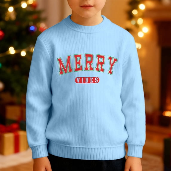 Boys Sweatshirts Childrens Holiday Letter Pullover Crew Neck Long Sleeve Hoodless Top Light Blue 9-10 Years