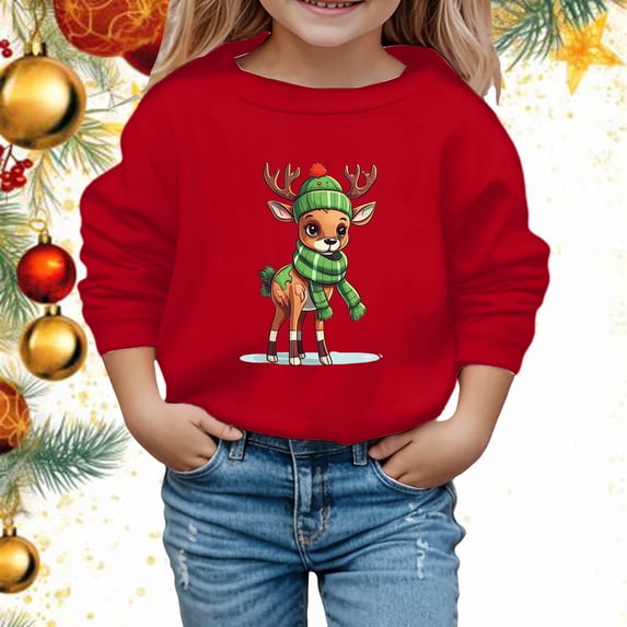 Boys Sweatshirts Childrens Reindeer Snowflake Fleece Crew Neck Long Sleeve Hoodless Top Red