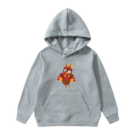 Boys Sweatshirts Fashion Thanksgiving Turkey Print Casual Decoration Plus With Pocket Kids Hoodies Boys Grey 11 Years-12 Years