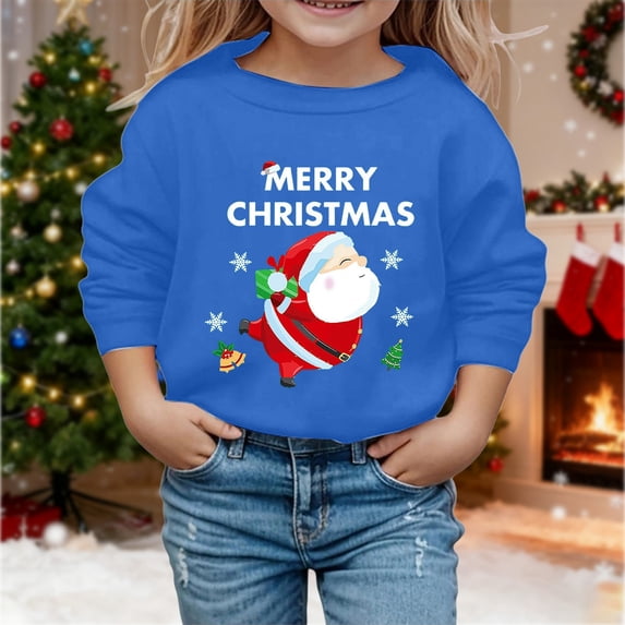 Boys Sweatshirts Girls Christmas Print Crew Neck Hoodless Sweatshirt Long Sleeve Pullover Blue 3-4 Years