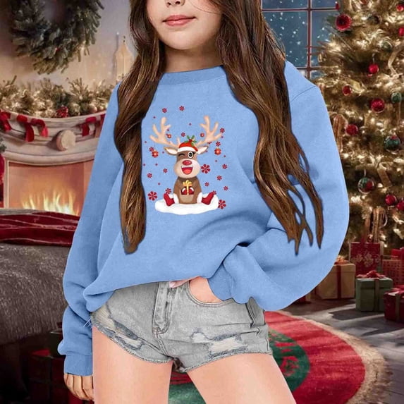 Boys Sweatshirts Kids Christmas Fleece Print Crew Neck Long Sleeve Sweatshirt Hoodless Top Blue 8-9 Years