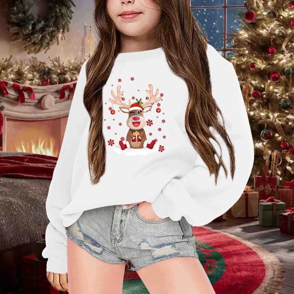 Boys Sweatshirts Kids Christmas Fleece Print Crew Neck Long Sleeve Sweatshirt Hoodless Top White 7-8 Years