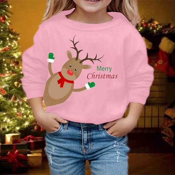 Boys Sweatshirts Kids Christmas Print Pullover Crew Neck Long Sleeve Hoodless Sweatshirt Pink 4-5 Years