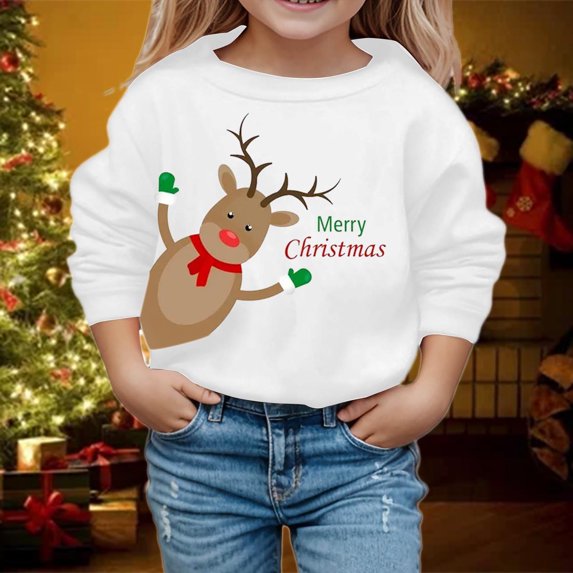 Boys Sweatshirts Kids Christmas Print Pullover Crew Neck Long Sleeve Hoodless Sweatshirt White 3-4 Years