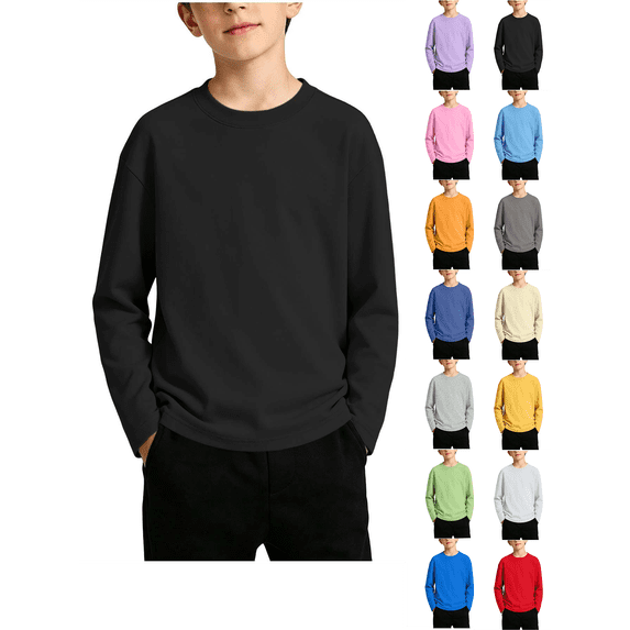 Boys Sweatshirts Nelozsy Big Kids Round Neck Long‑Sleeve Casual Pullover Base Top, Solid Color Black 12-13 Years
