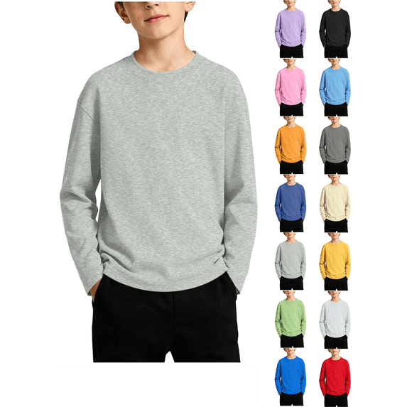 Boys Sweatshirts Nelozsy Big Kids Round Neck Long‑Sleeve Casual Pullover Base Top, Solid Color Gray 9-10 Years
