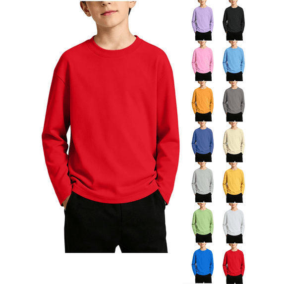 Boys Sweatshirts Nelozsy Big Kids Round Neck Long‑Sleeve Casual Pullover Base Top, Solid Color Red 3-4 Years