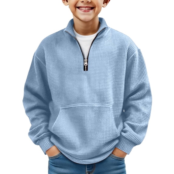 Boys Sweatshirts Quarter Zip Polo Collar Waffle Knit Long Sleeve Pullover Kids Fall Winter Clothes 3‑14 Years