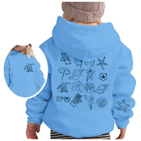 Boys Sweatshirts Toddler Teen Unisex Fall Hoodies with Front Pocket Beach Shell Starfish Print Oversize Drop Shoulder Sweatshirts Hoodies for Girls Sky Blue 13 years-14 years