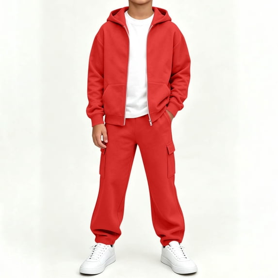 Boys Sweatsuits 2 Piece Casual Fashion Clothes Long Sleeve Fall Winter Zip Up Hoodie and Cargo Sweatpants Kids Outfits Set Red 8 Years